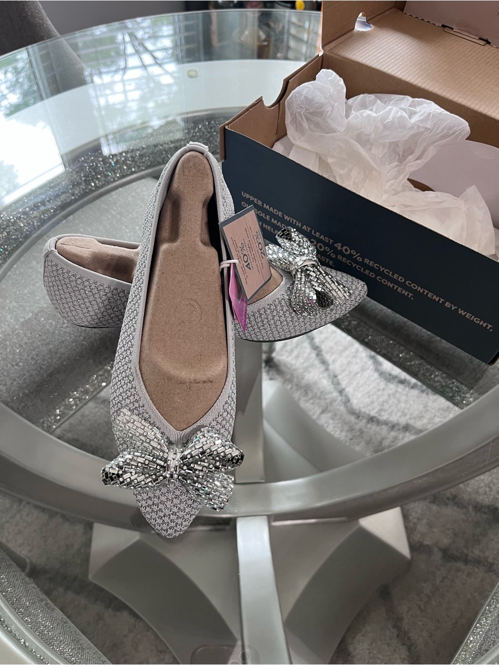 Skechers Silver Embellished Bow Pointed Toe Flats